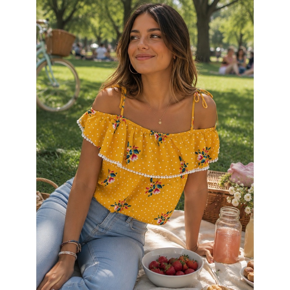 Wishful Park Yellow Floral Polka Dot Off Shoulder Top Size Small 🌼☀️🍋